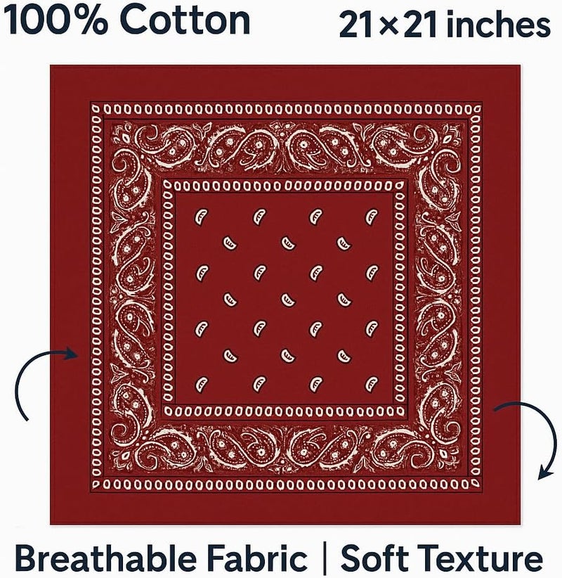 SUNRIBE 3 Pack Paisley Bandanas – 100% Cotton Square 21x21 Head Wrap, Headband, Face Cover, Neck Scarf for Men & Women - Image 4